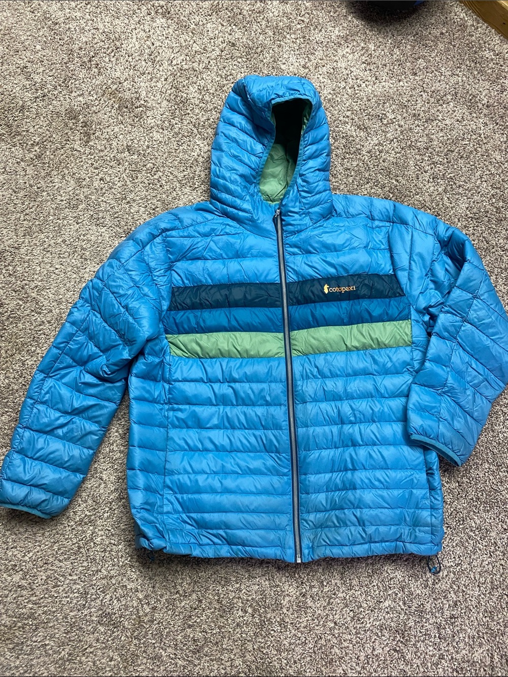 cotopaxi Blue Hooded Puffer Jacket Green and Navy Stripes Men’s Size 2XL - 1511 - Picture 2 of 15